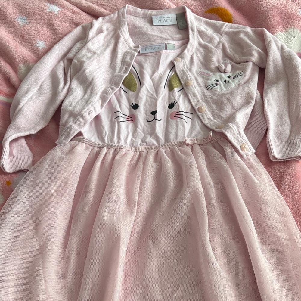 The Children's Place Pink Bunny Dress Set with cardigan